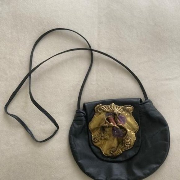 Vintage Copa Collection Brutalist Amethyst Brass Black leather 1970s bag - Picture 3 of 6